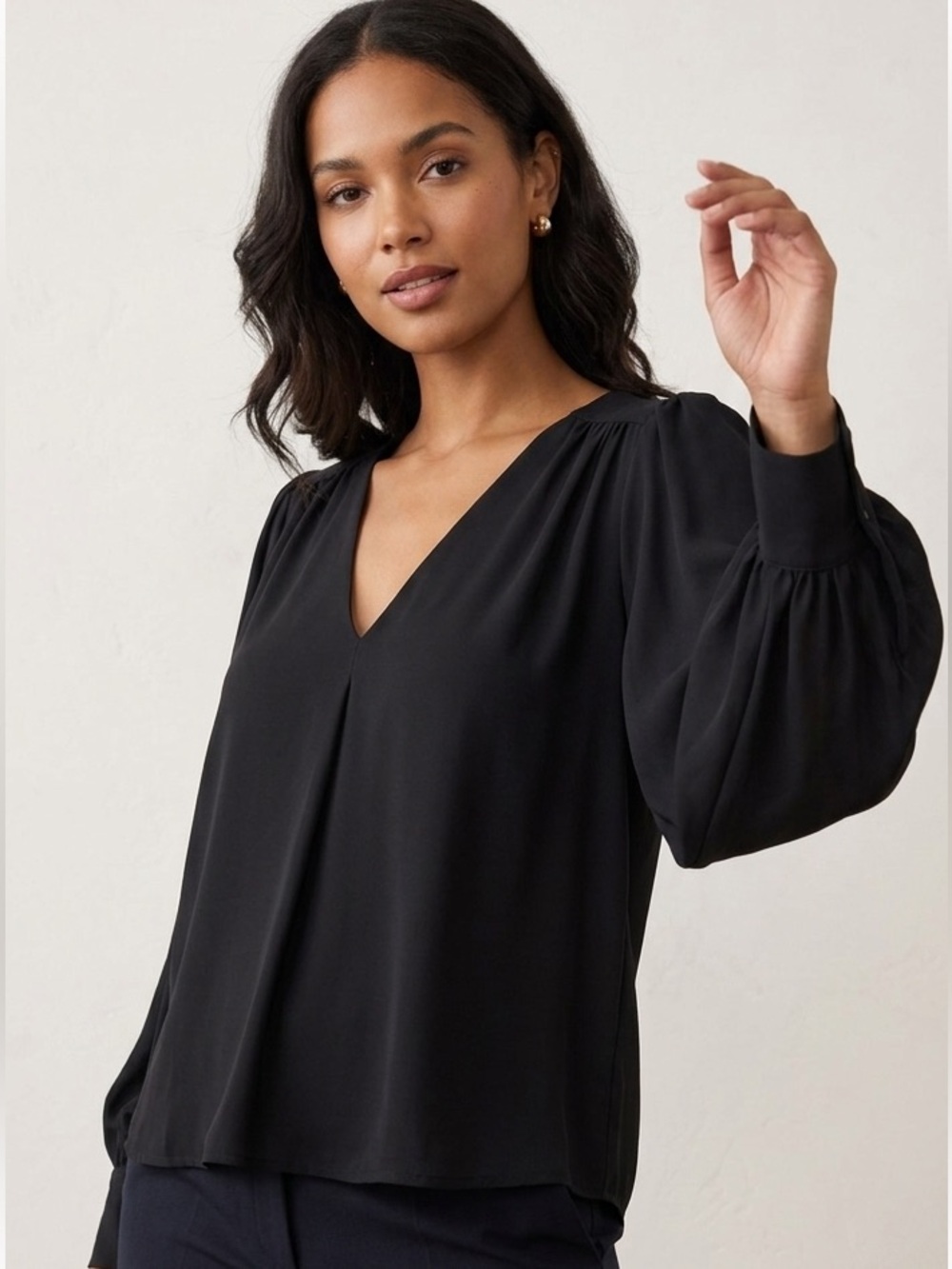 Prologue Black Long-Sleeve V-Neck Blouse with Gathered Shoulders